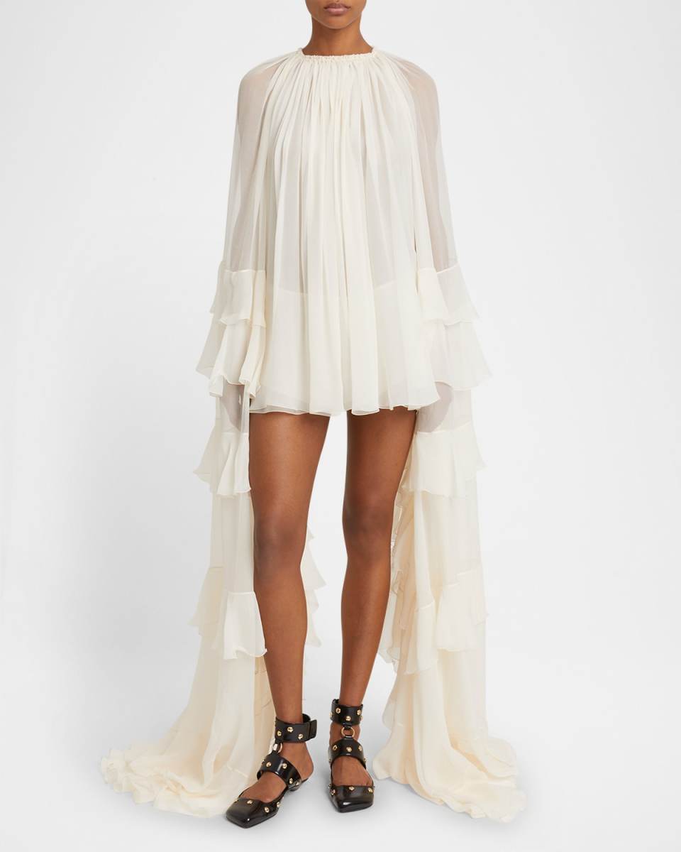 Draped Ruffle Sleeve Silk Mousseline Ruffle Mini Dress